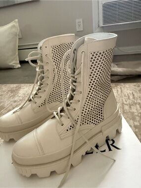Lace-Up Perforated Combat Boots in Cream